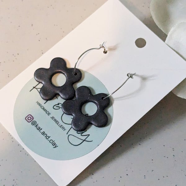 Floral Hoop Earrings - Black