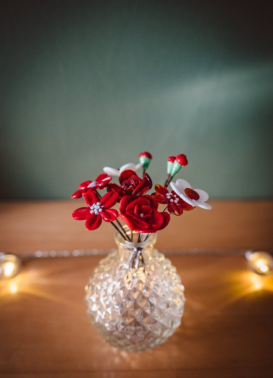 Valentines Rose Vase - Red and White Glass Flowers with Cut Glass Vase