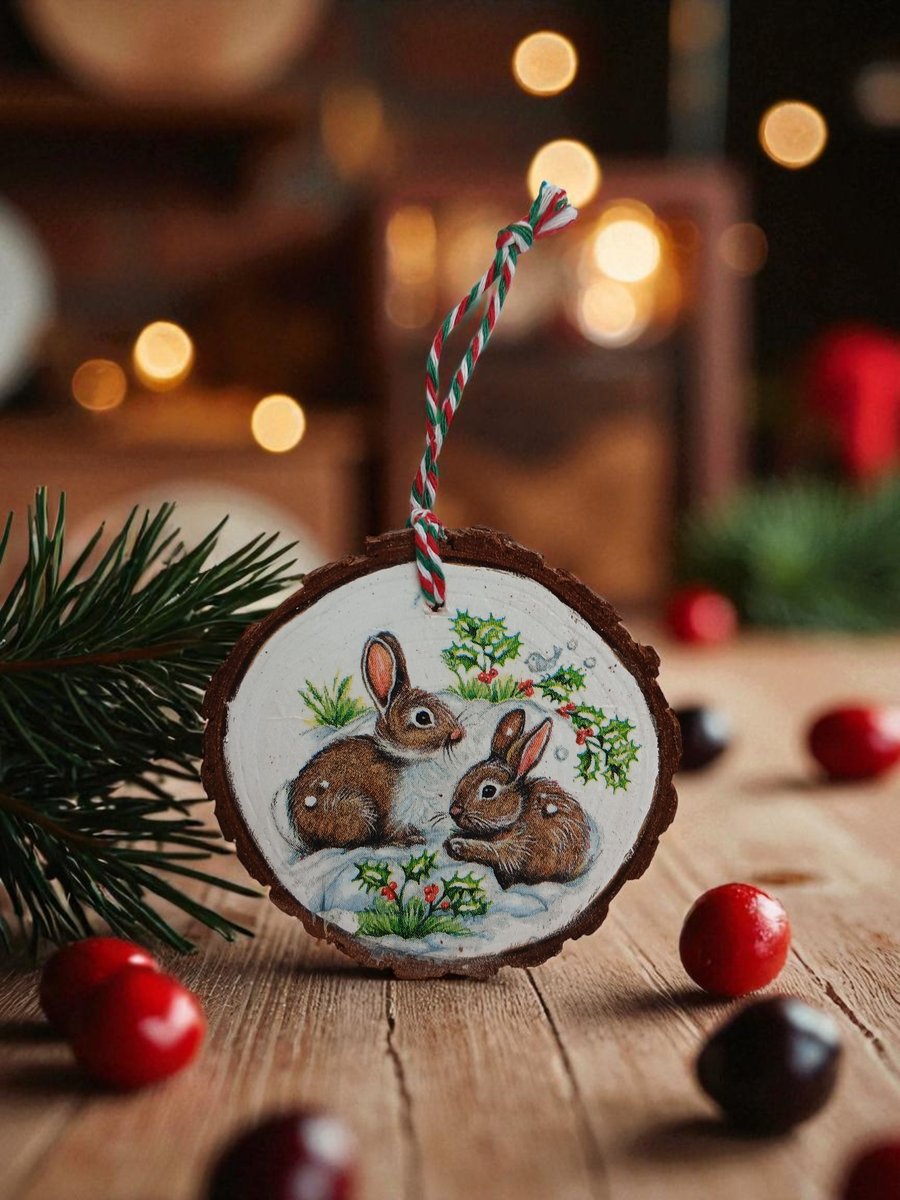 Rustic Rabbits Bunny Round Wooden Christmas Decoration Tree Ornament