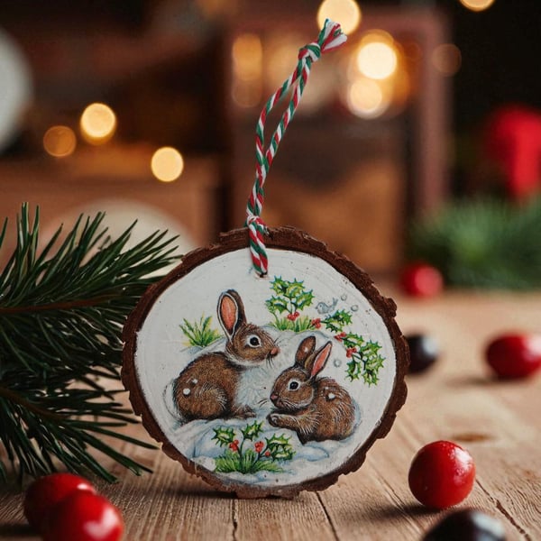Rustic Rabbits Bunny Round Wooden Christmas Decoration Tree Ornament
