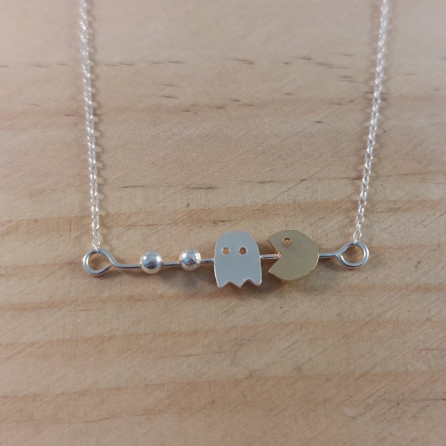 Sterling Silver and Brass Pac Man Inspired Necklace