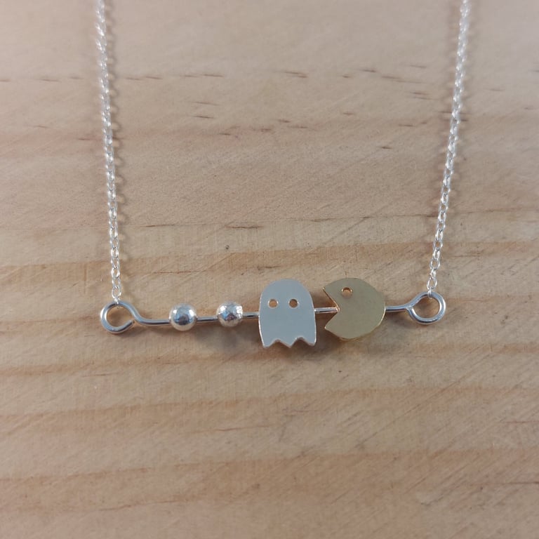 Sterling Silver and Brass Pac Man Inspired Necklace