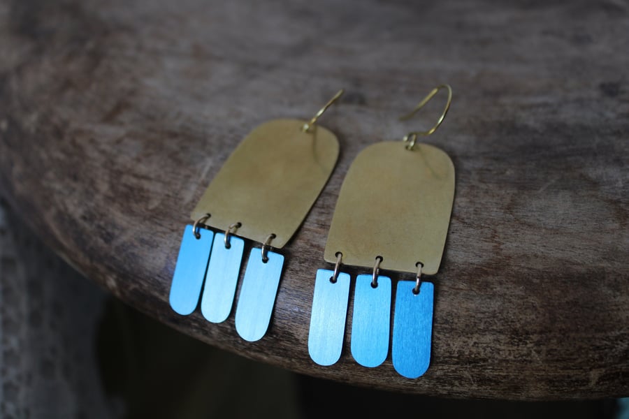 jellyfish saturday - brass and blue anodized aluminium dangle earrings