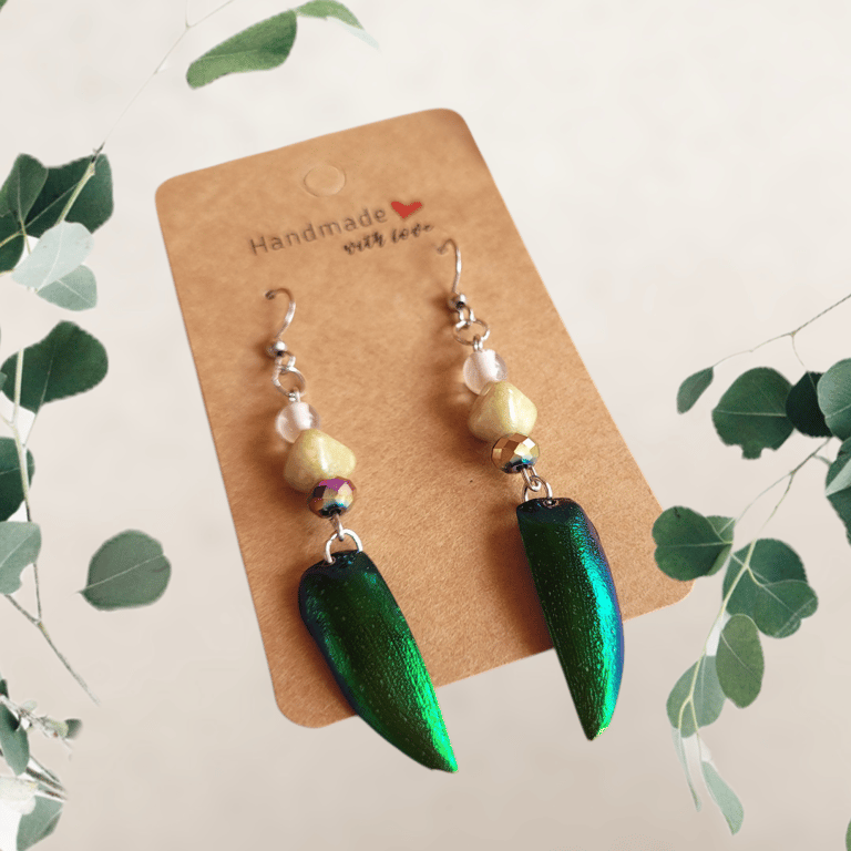 Iridescent Beetle Wing Drop Earrings 