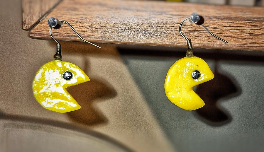 Handmade Retro Game Inspired Clay Earrings - Yellow Pixel Style Earrings 