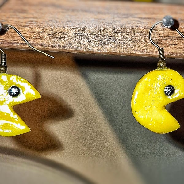 Handmade Retro Game Inspired Clay Earrings - Yellow Pixel Style Earrings 
