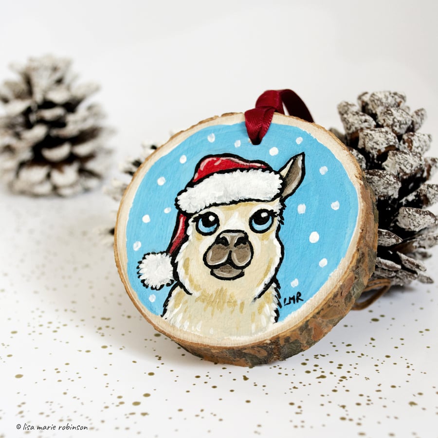 Festive Llama - Natural Pine Wood Hanging Decoration