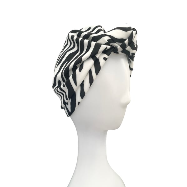 White and Black Zebra Print Vintage Style Turban Head Wrap Hat