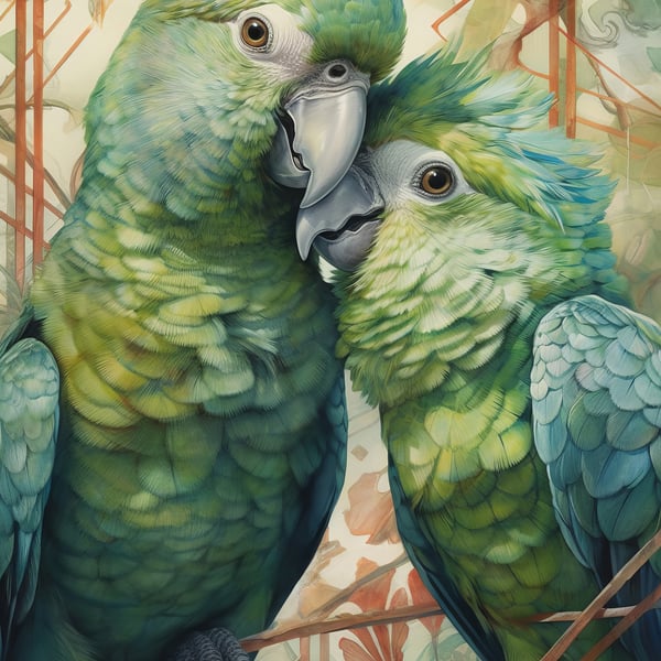 Tropical Parrot Pair Art Print - Lively 5x7 Watercolor for Exotic Bird Admirers