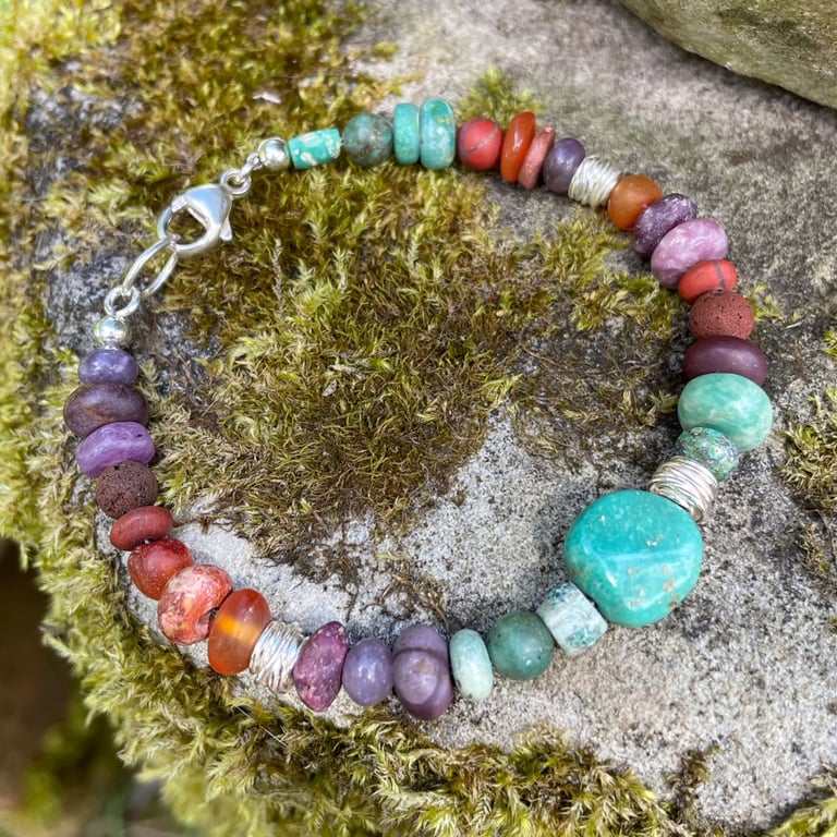 Silver and mixed gemstone bead bracelet