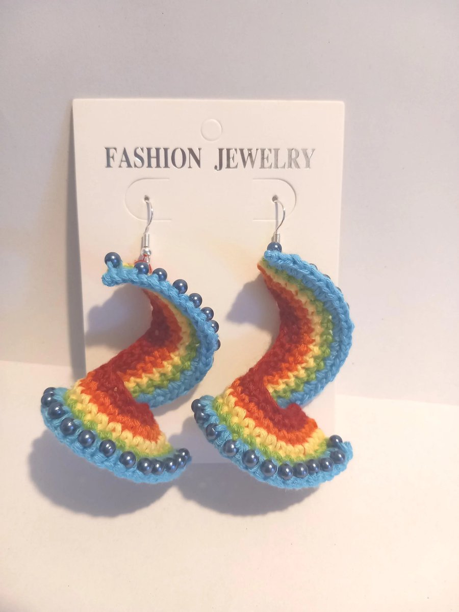 Rainbow Spiral crochet Earrings crochet stainless steel dangly earrings OOAK