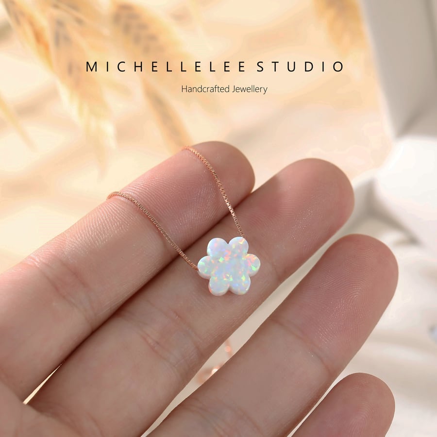 Opal Flower Daisy Pendant Necklace With Sterling Silver Chain