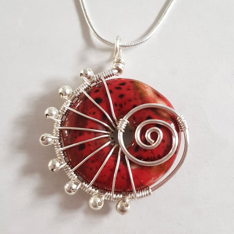 Silver Wirework Spiral Pendant with Red Ceramic Bead - Limited Edition