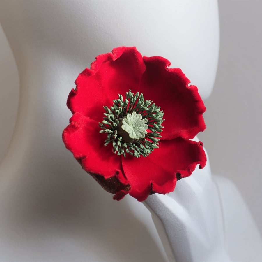 Red Poppy brooch, fabric poppy corsage, cotton flower, wedding anniversary gift