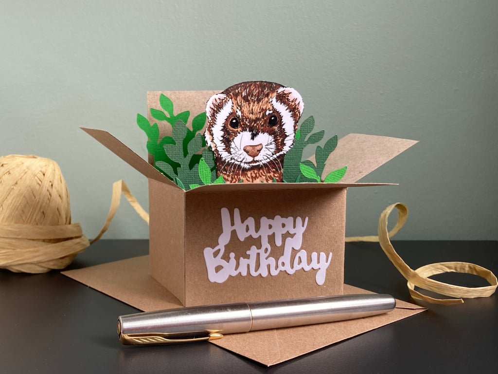 Ferret Birthday Card. 3D ferret personalised or blank card. Gift card holder.