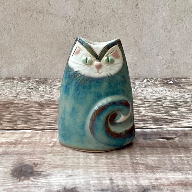 Small Cat Vase, handmade blue green mini cat pot