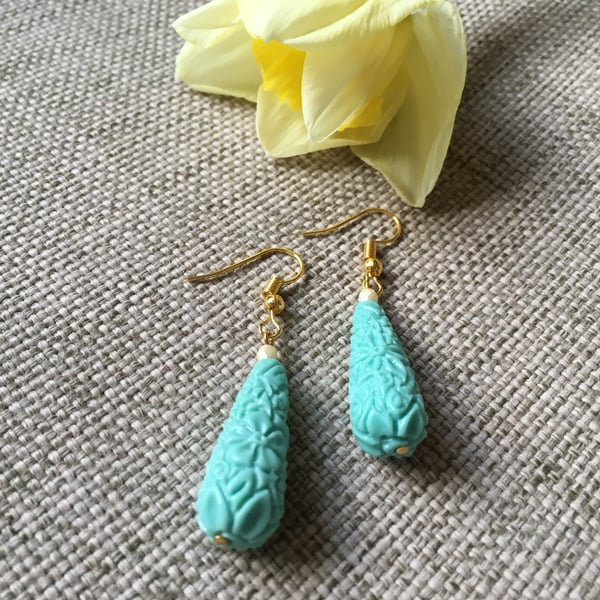 Turquoise & gold drop earrings with floral pattern, SALE