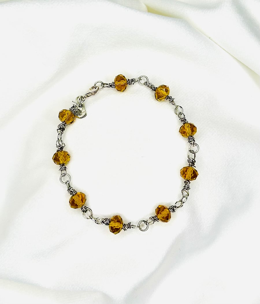 Sterling Silver Bracelet, Honey Yellow Crystal Wire Wrapped Links