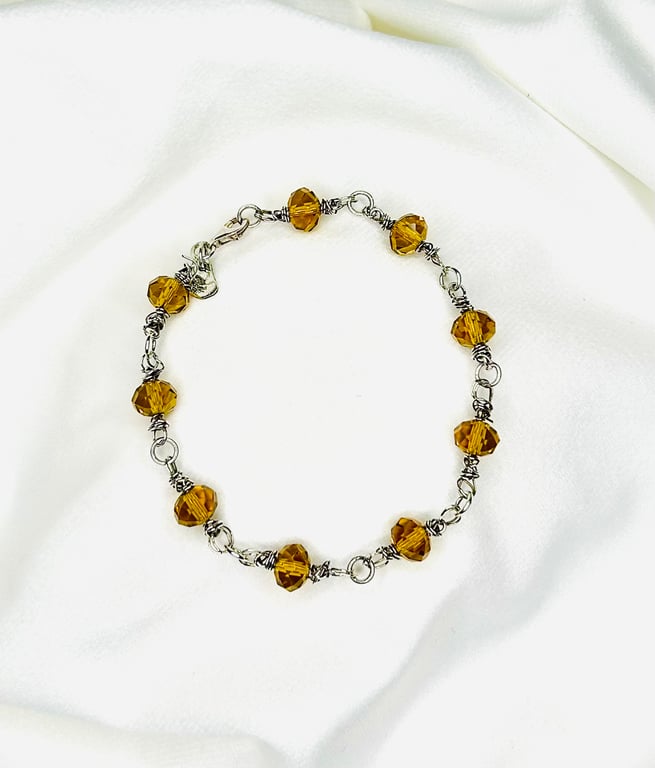 Handmade Honey Yellow Crystal Wire-Wrapped Link Bracelet, 925 Sterling Silver