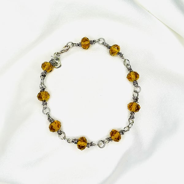 Sterling Silver Bracelet, Honey Yellow Crystal Wire Wrapped Links