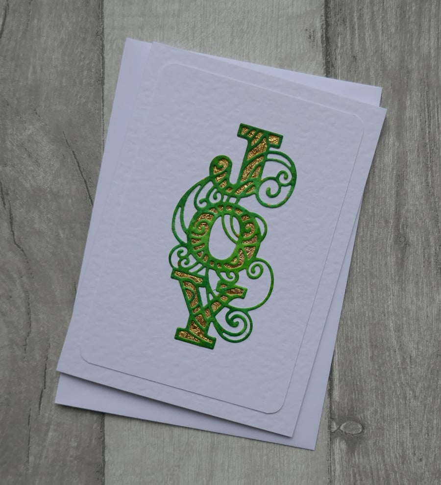 Bright Green and Gold Die Cut 'JOY' - Upcycled Christmas Card