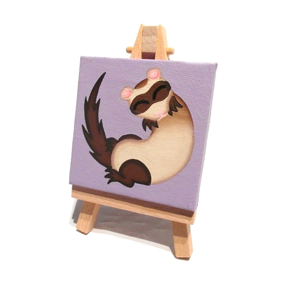 Sleeping Ferret Miniature Painting with Easel