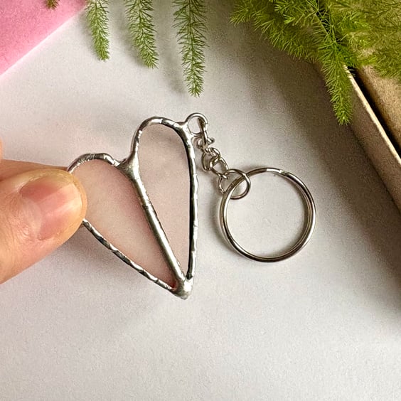 Rose pink heart stained glass key ring, Heart charm, Valentine gift