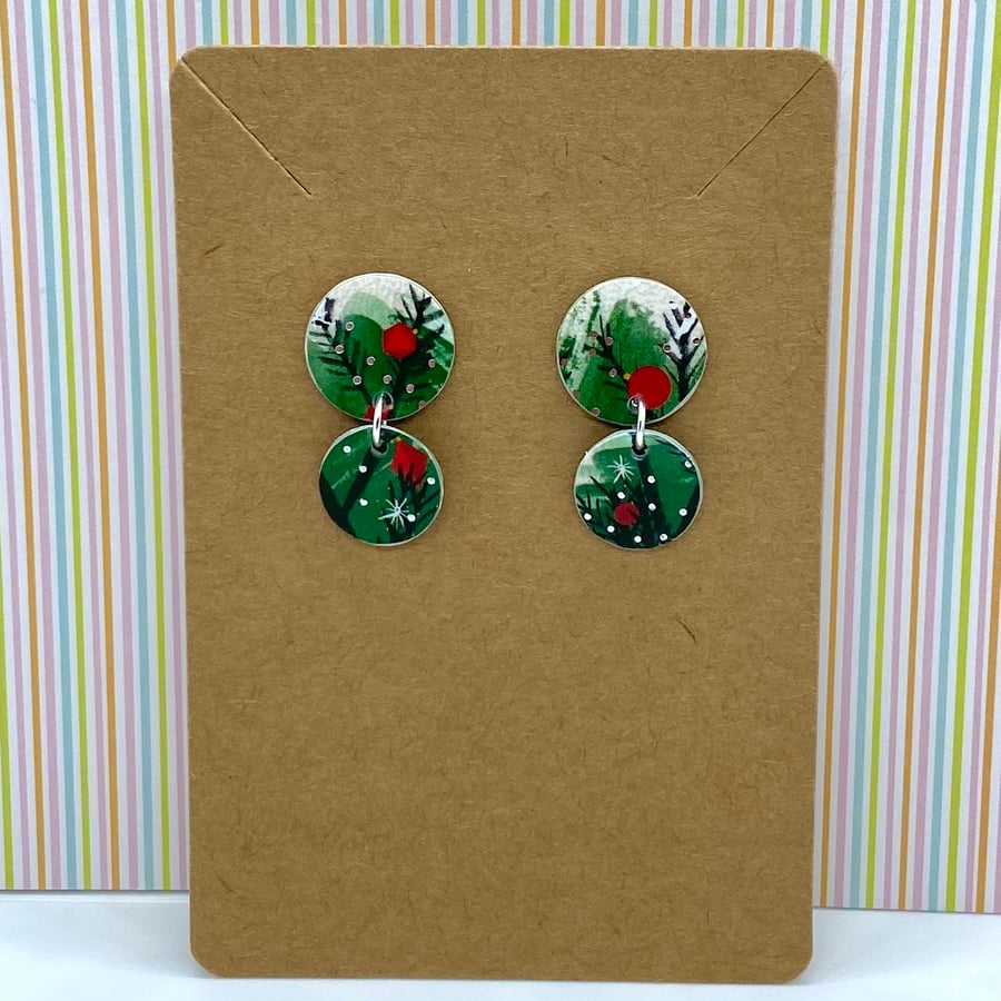 Recycled plastic Christmas tree circle drop stud earrings