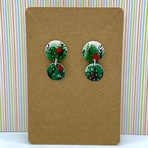 Recycled plastic Christmas tree circle drop stud earrings
