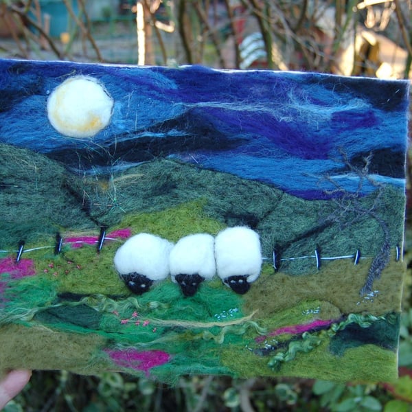  Needle felt picture Sheep in the Moonlight -Yorkshire dales landscape 