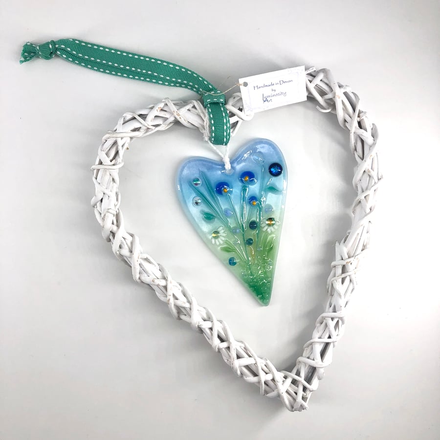 Fused Glass Heart with Delicate Blue Flowers in Wicker Hanging Heart on Ribbon