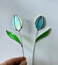 Individual iridescent teal blue stained glass tulip stem, handmade flowers - Image 2