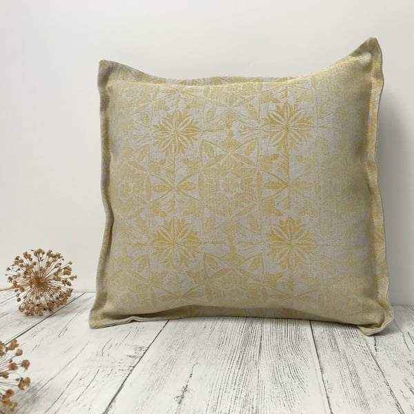 Hand Printed Linen Square Cushion - ASTA - Light Ochre Yellow