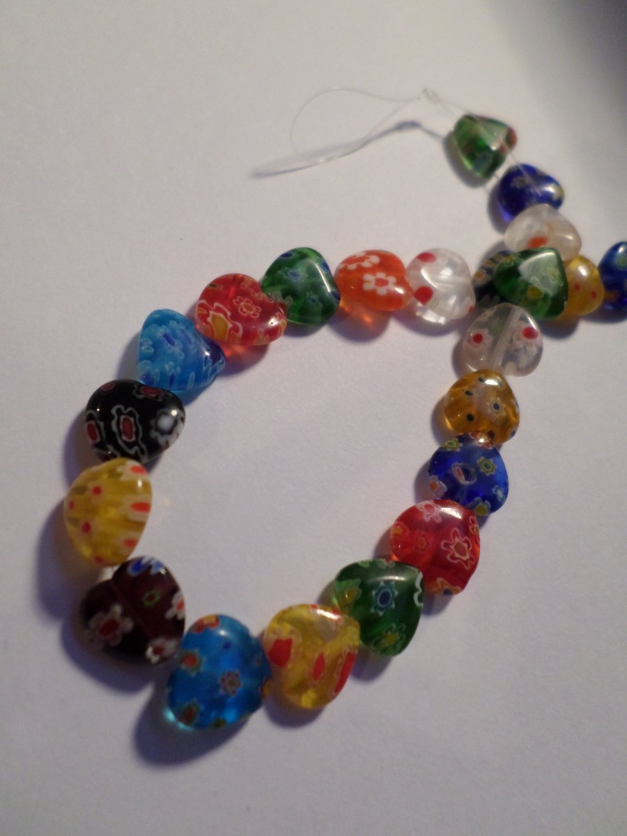 25 x Glass Beads - Heart - 10mm - Millefiori - Mixed Colour