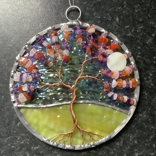 Amethyst , carnelian and Rose Quartz tree of life suncatcher