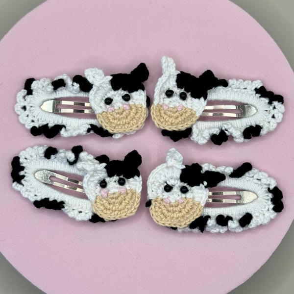 Crochet cow farm animal knit hair clip for toddler and baby girl