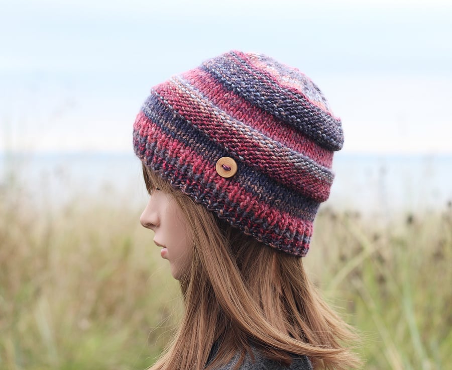 HAT knitted pink denim blue chunky winter hat, women's beanie cap, gift, UK