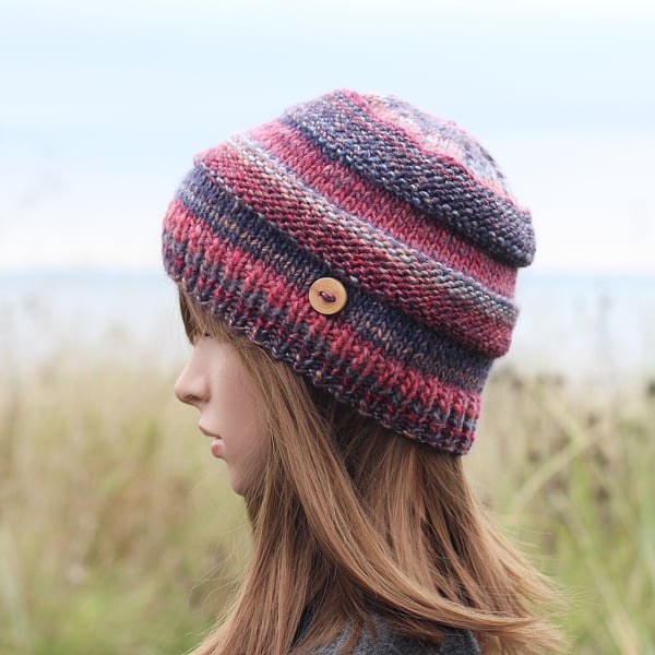 HAT knitted pink denim blue chunky winter hat, women's beanie cap, gift, UK