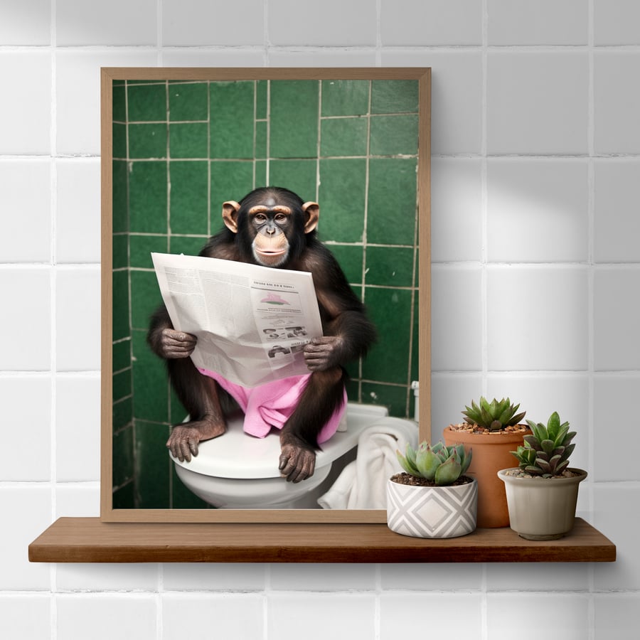 Fun Chimpanzee Monkey on Toilet with Newspaper, funny bathroom print , a4