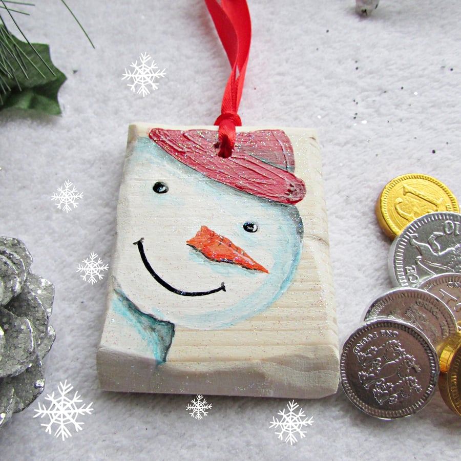 Snowman Christmas Tree Decoration, handpainted onto wood, cute