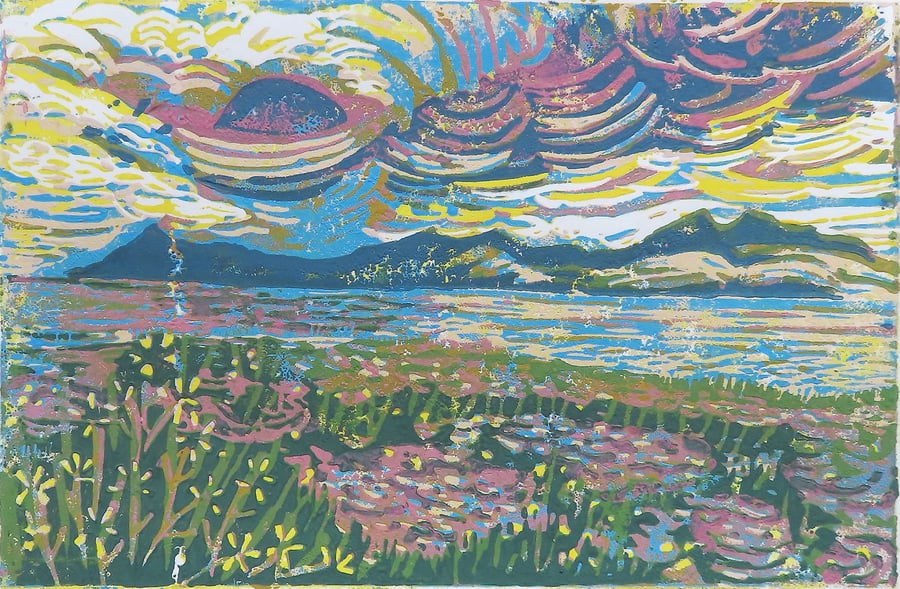 Isle of Arran from Skipness - Original Linocut Print Hand Pressed Ltd Edition