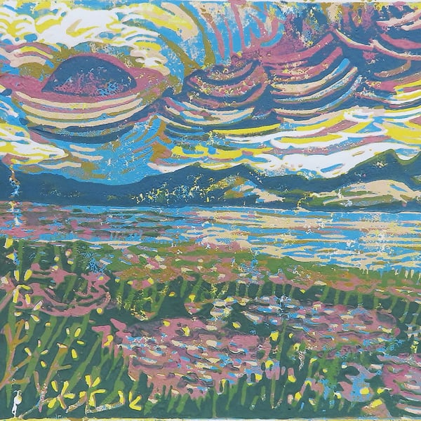 Isle of Arran from Skipness - Original Linocut Print Hand Pressed Ltd Edition
