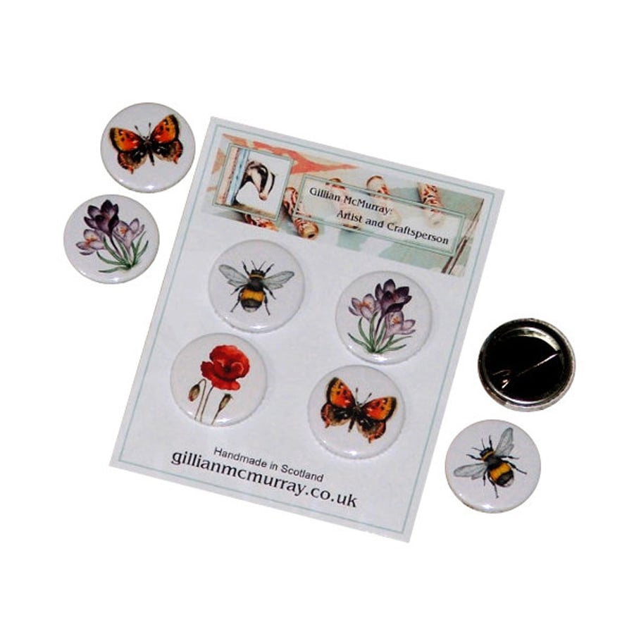 Garden wildlife button badges - set of 4, 1 inch (25mm)