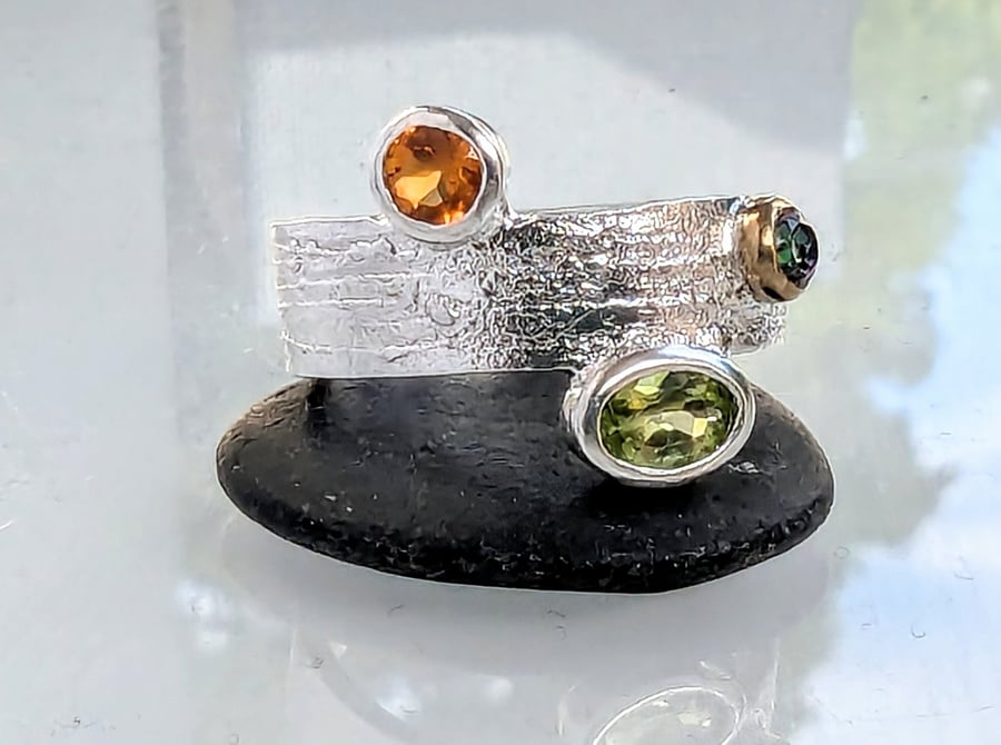 STERLING SILVER & Gold Citrine, Peridot and Mystic Topaz Ring 