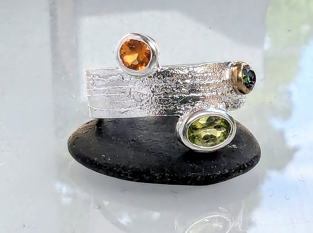 STERLING SILVER & Gold Citrine, Peridot and Mystic Topaz Ring 