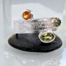 Sterling SILVER & Gold Citrine, Peridot and Mystic Topaz Ring 