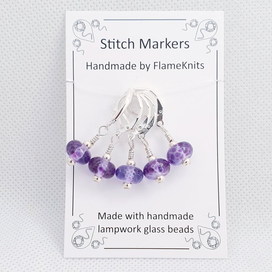 Lampwork Stitch Markers - Stained Glass Purple