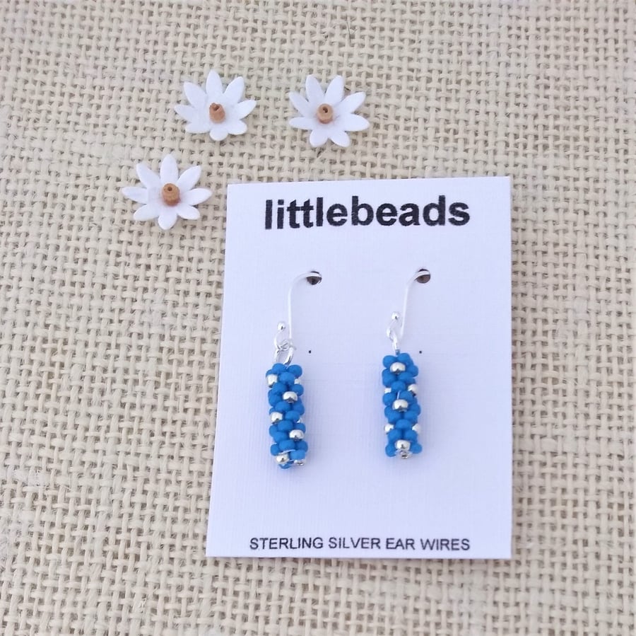 Blue and Silver Beaded Tube Sterling Silver Earrings
