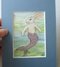 Merbunny Mermaid Bunny Rabbit ACEO original miniature painting in mount - Image 3