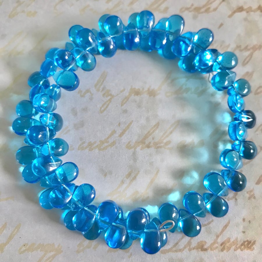 Aqua Czech Glass Beaded Memory Wire Bracelet 